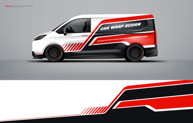 Sporty van wrap livery design for universal medium, Abstract racing graphics with red black and white colors. van vector eps10 ready print printable file