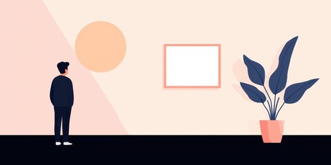 Obraz premium Person admiring artwork in modern room with plant and abstract decor.