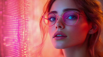 Obraz premium Close-up portrait of a woman with soft lighting, surrounded by pink and purple bokeh lights, creating a dreamy atmosphere