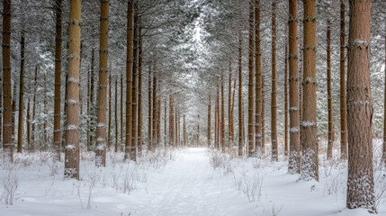 Tranquil snowy pine forest pathway with tall trees and winter serenity