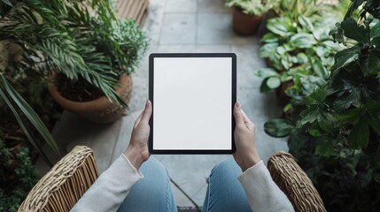 A woman's hands hold a tablet with a blank screen, showcasing a perfect opportunity for your message. Lush greenery surrounds the scene mockup, blank space