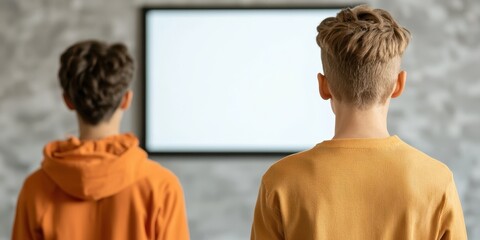 Two boys watching a blank screen, engaged and contemplative, indoor setting.
