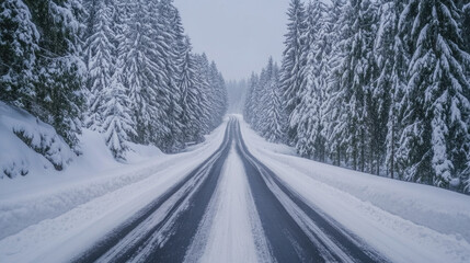 Snow-covered forest road in winter wonderland with majestic pine trees