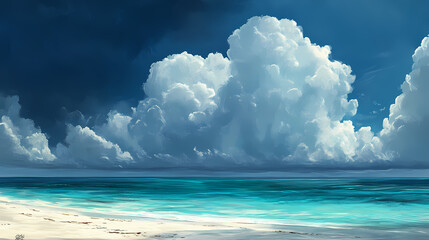 A tranquil beach scene with stormy clouds looming over turquoise waters, creating a stunning contrast of nature's beauty. Stormy Beach. Illustration