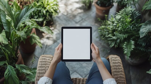 A woman sits in a wicker chair in a lush garden, holding a tablet with a blank screen. Surrounded by greenery, she enjoys the peace and quiet. mockup, blank space