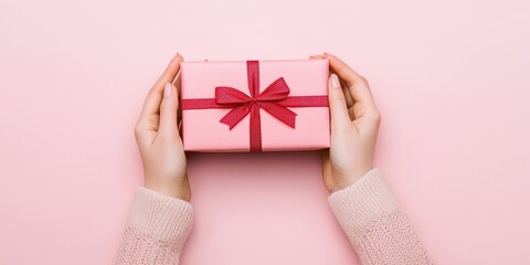 Hands holding a pink gift box with a red ribbon on a pink background.