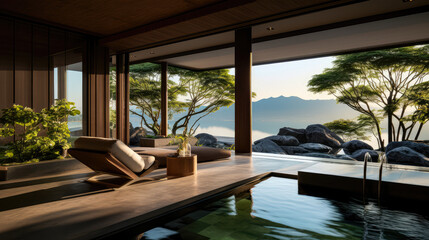 Fototapeta premium 3D render interior design concept, Tranquil Japanese Resort by the Lake Natural background: A Serene Retreat and Relax with private Onsen space. travel and vacation background