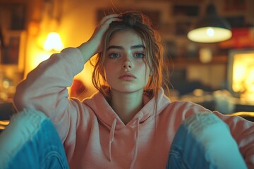 Fototapeta premium Pensive Young Woman in Cozy Hoodie, Relaxing Indoors with Moody Lighting – Ideal for Lifestyle Blogs, Mental Health Campaigns, Casual Fashion Ads, and Youthful Brand Imagery