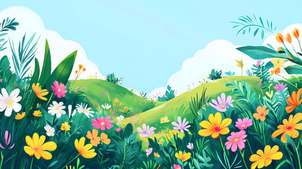 A vibrant hillside garden bursting with colorful flowers and lush greenery under a clear blue sky. Lush Hillside. Illustration