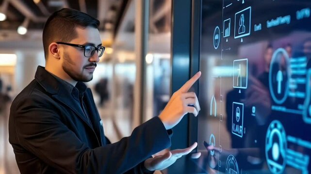 An employee operating a futuristic touchscreen interface.