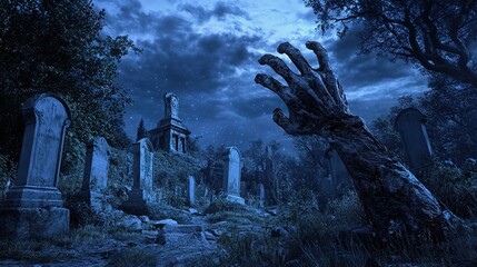A haunting graveyard at night with decayed zombie hands clawing their way out of the ground, surrounded by weathered tombstones and skeletal trees, with a dark sky looming overhead