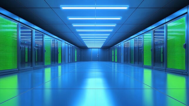A modern data center featuring blue and green lighting, showcasing server racks in a sleek environment.