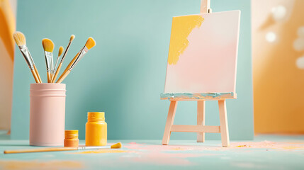 Art supplies on a colorful background with a canvas featuring vibrant paint strokes. Ideal for creative and artistic concepts.