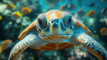 Fototapeta premium A sea turtle swims through the coral reef, with the ocean current carrying it forward. It stares directly at the camera as it swims through the turquoise water.
