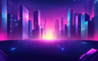 Fototapeta premium A vibrant, futuristic cityscape with neon lights and a glowing horizon.