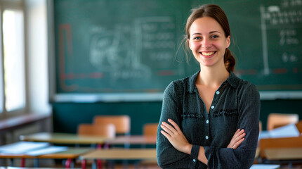 Young teacher in classroom, standing in front of blackboard with diagrams and notes. Educational environment with natural light from the left. 