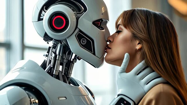 A woman romantically kissing a humanoid robot, symbolizing the fusion of technology and human emotion in a futuristic setting.