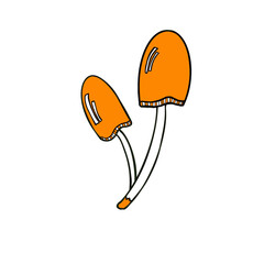 Fantasy illustration of two magic orange mushrooms with long thin stems, sticker on transparent background with white outline






