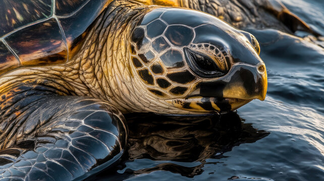 A close-up of a majestic green sea turtle resting on the water's surface, showcasing its intricate shell patterns and serene expression.