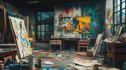 Obraz premium A creative artist's studio filled with colorful paints, canvases, and unfinished artworks.