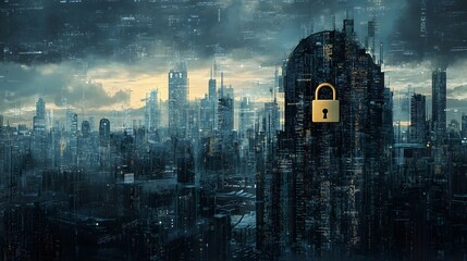 Cyber City: A digital metropolis secured by a massive padlock, reflecting data security in a futuristic urban landscape.