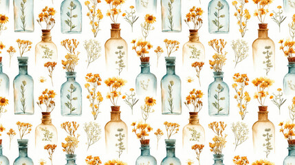 Seamless vintage glass bottle pattern featuring dried herbs in watercolor ideal for packaging and label design