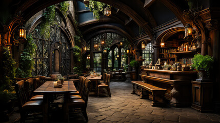 Tudor style, House Fantasy background, Creating antique design of Indoor Spaces architecture decorate vintage concept