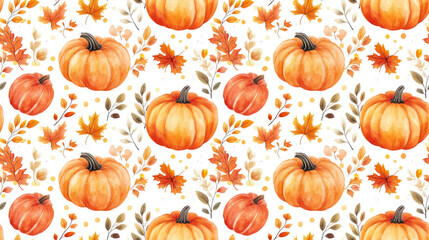Seamless watercolor pattern featuring autumn pumpkins and colorful leaves perfect for postcard and poster design