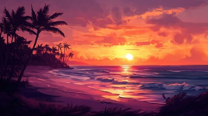 A peaceful beach at sunset, with gentle waves lapping at the shore and silhouettes of palm trees swaying in the breeze.