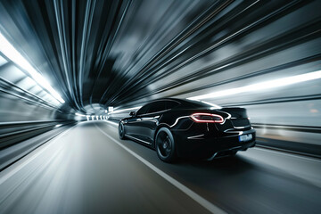 Fototapeta premium A black car drove fast through a tunnel.