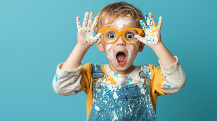 Excited child with paint-covered hands and face, wearing orange glasses and denim overalls against a blue background.