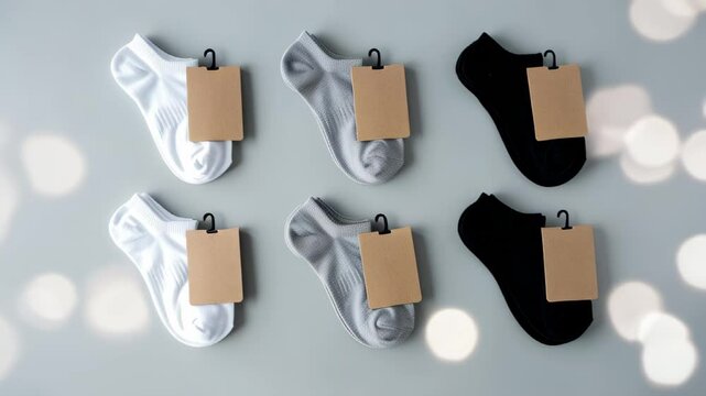 Set of new socks. Socks with clean label for design. Set of socks with cardboard tags for retail. pair of socks in different colors. mock up for advertising, branding, design