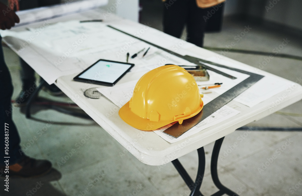 Poster Architect, tools and tablet with blueprint of construction worker, builder and engineering floor plan. Helmet, industrial and engineer notes for contractor and property development with stationary
