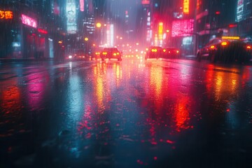 Obraz premium futuristic cyberpunk cityscape drenched in rain illuminated with neon lights reflecting off wet surfaces creating a moody and atmospheric scene filled with hightech elements