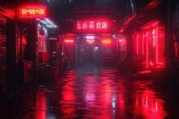 futuristic cyberpunk cityscape drenched in rain illuminated with neon lights reflecting off wet surfaces creating a moody and atmospheric scene filled with hightech elements