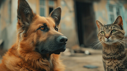 A brown dog and a cat are standing next to each other