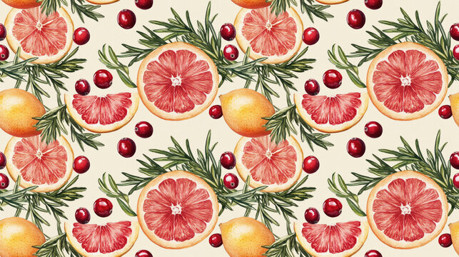 Watercolor seamless pattern featuring grapefruit rosemary and cranberry on a soft beige background perfect for fabric design and botanical prints