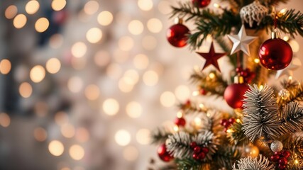 Beautifully decorated Christmas tree with colorful ornaments, twinkling lights, and a shining star on top, shiny, festive, lights