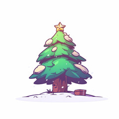 A colorful cartoon-style Christmas tree with a star on top, surrounded by snow and a gift.