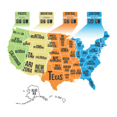 USA time zones infographic map, united states of America time zone and us time zones map