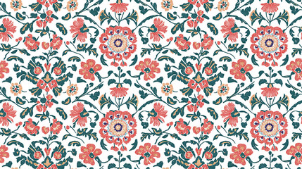 Fototapeta premium Seamless pattern of intricate embroidery motifs reflecting traditional Mughal art perfect for textile print designs home decor fashion illustration