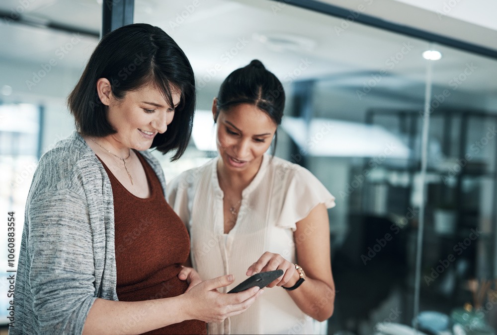Poster women, phone and advice in office for teamwork, business information and brainstorming with connecti