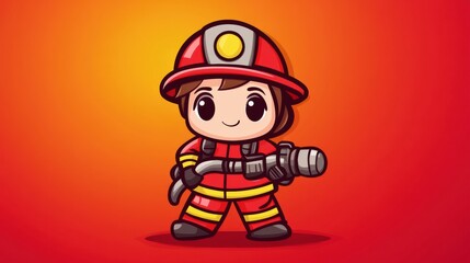 Cute cartoon firefighter holding a hose against a vibrant orange background, AI
