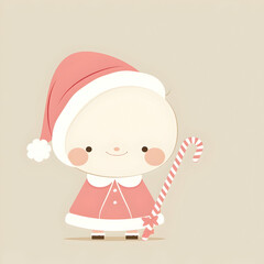 A cute, cartoon-style character dressed as Santa, holding a candy cane, evoking holiday cheer.