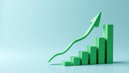 3D illustration of a growing bar chart with an upward-pointing arrow.