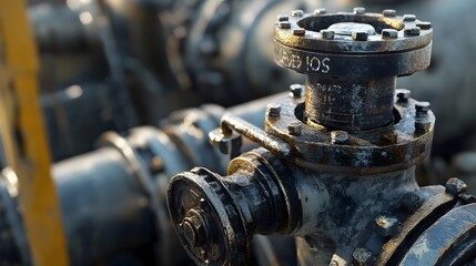 Close-up of a weathered refinery valve, showcasing intricate details and a rustic, industrial aesthetic.  Sunlight glints off its aged surface.