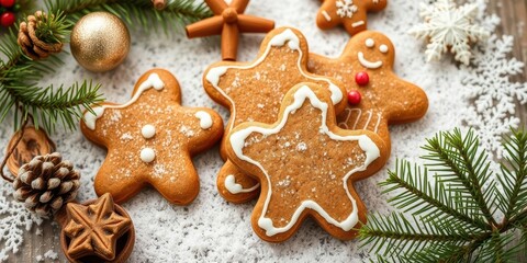Close up of freshly baked Christmas gingerbread cookies on a cooling rack surrounded by festive decorations, traditional, cinnamon, celebration