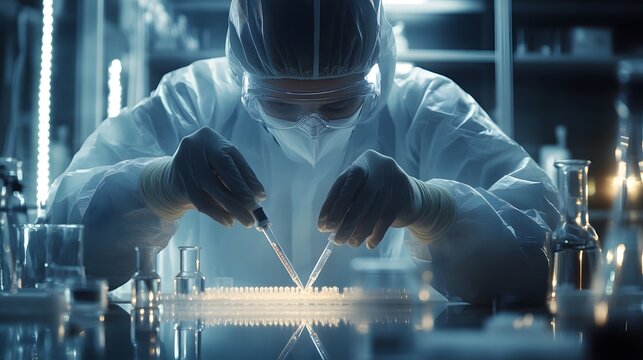 Focused scientist in sterile lab, meticulously pipetting samples into test tubes.  A critical moment in scientific research unfolds.