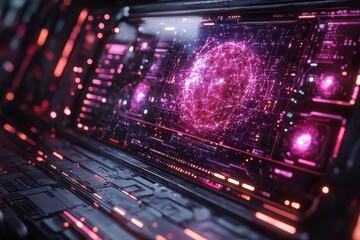 Fototapeta premium futuristic holographic interface displaying a 3d object with glowing fractal particles representing advanced nanotechnology set in a dark hightech environment with neon accents