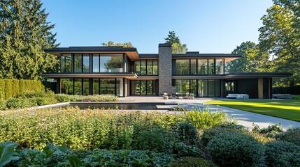 A contemporary luxury home set against a backdrop of a summer garden, with pristine landscaping and sunlight enhancing the natural beauty